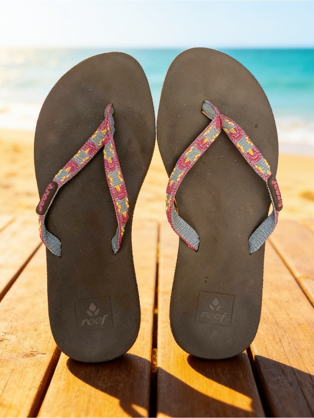 🪸 Reef Women's Brown Flip Flops with Pink & Yellow & Turquoise Print
